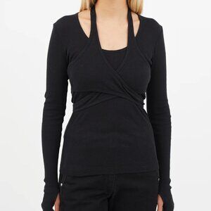 Helmut Lang Black Ribbed Tie Wrap Top
